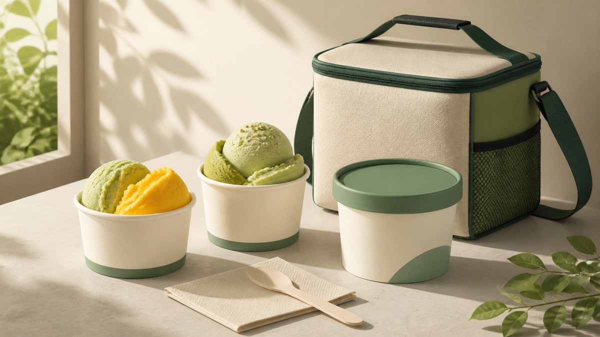 Sistem cup counter, wadah takeaway, dan tas pengiriman gelato
