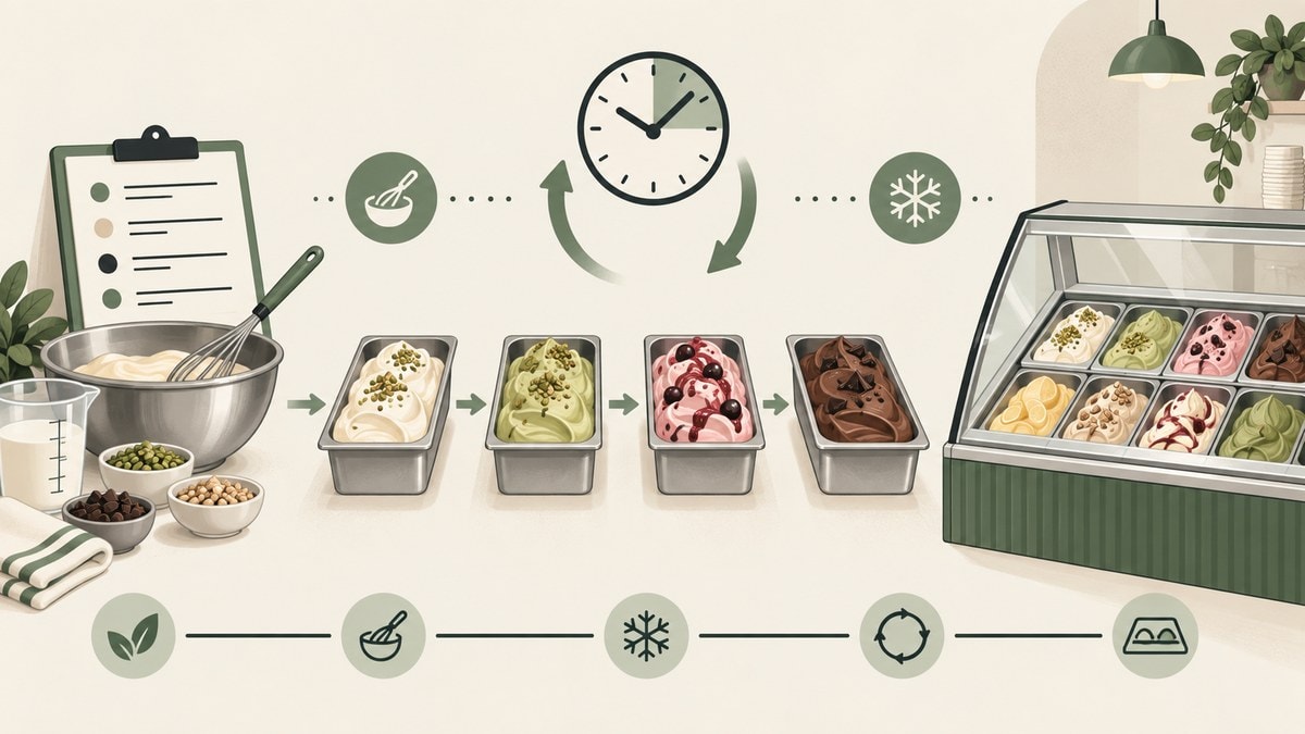 Ilustrasi rotasi menu gelato yang mengikuti ritme produksi
