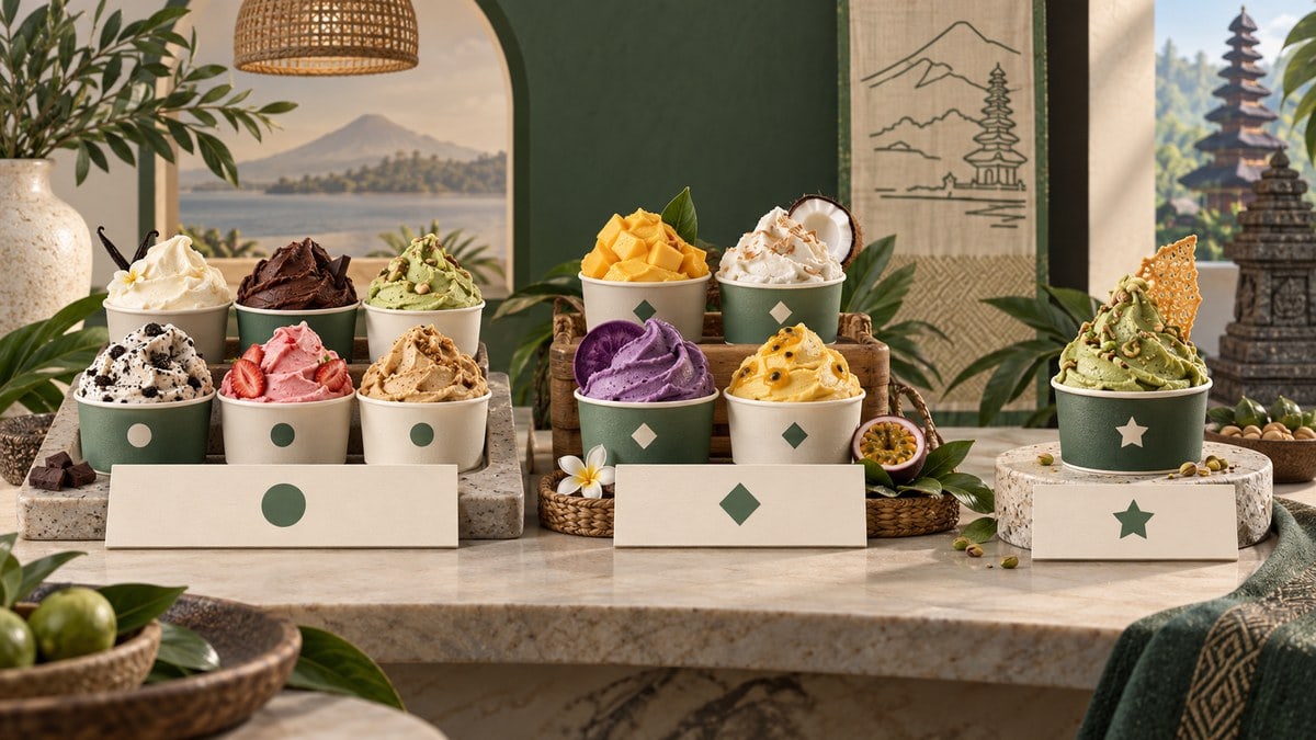 Ilustrasi susunan rasa inti, rasa rotasi, dan rasa khas pada menu gelato